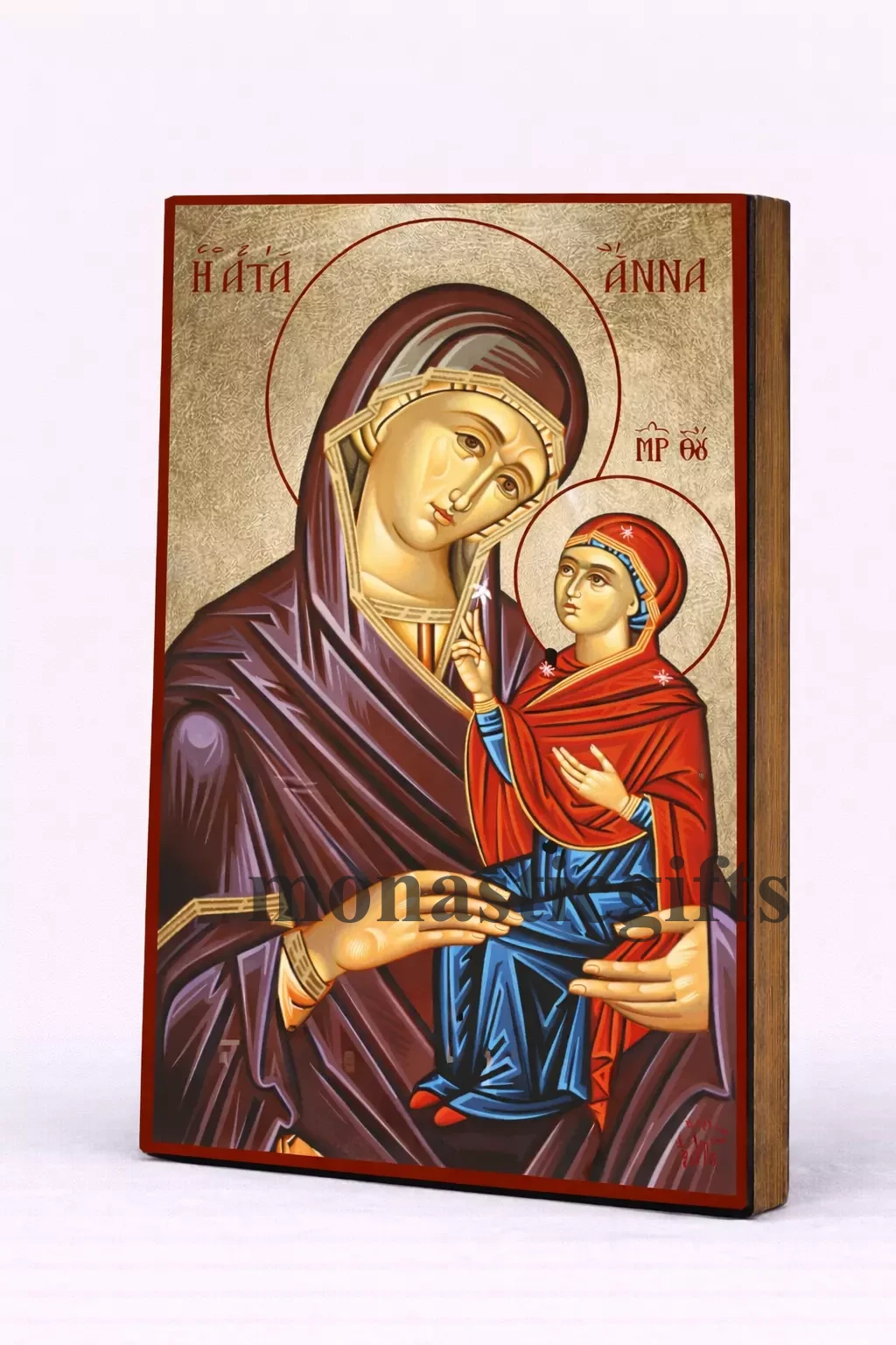 Saint Anne Byzantine Icon – Handmade Wooden Orthodox Icon on Gold Silk Canvas, Various Sizes