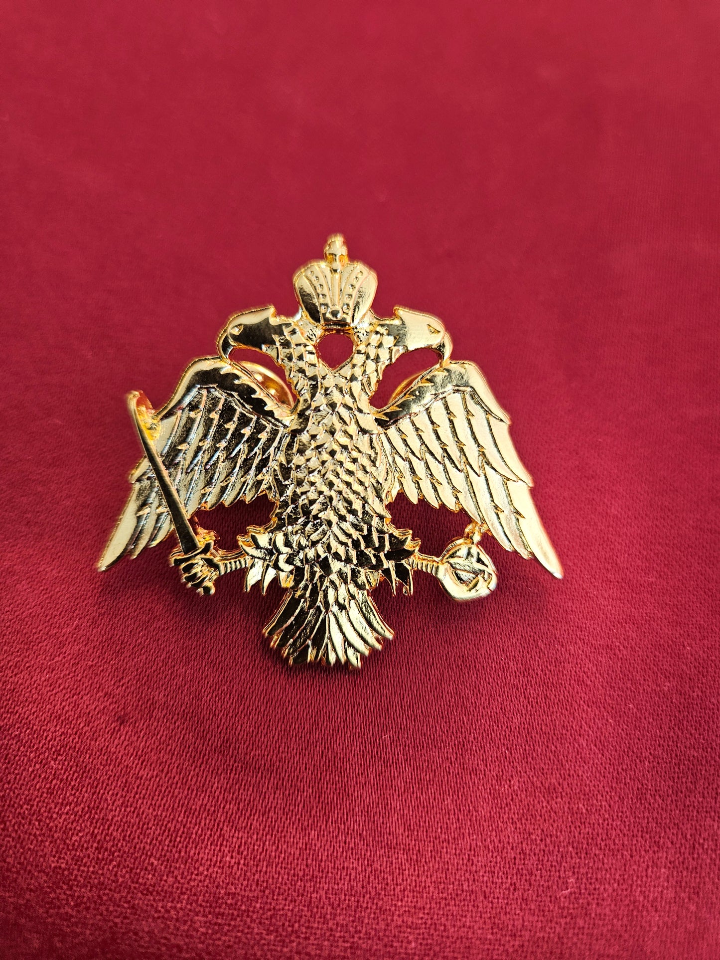 Large Byzantine Double-Headed Eagle Crest Brooch - Brilliant Gold Tone Orthodox Lapel Pin with Double Clutch