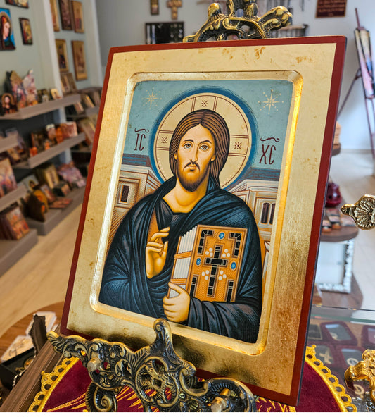 Handmade Wooden Icon with Jesus Christ of Sinai in gold leaf With amazing detail