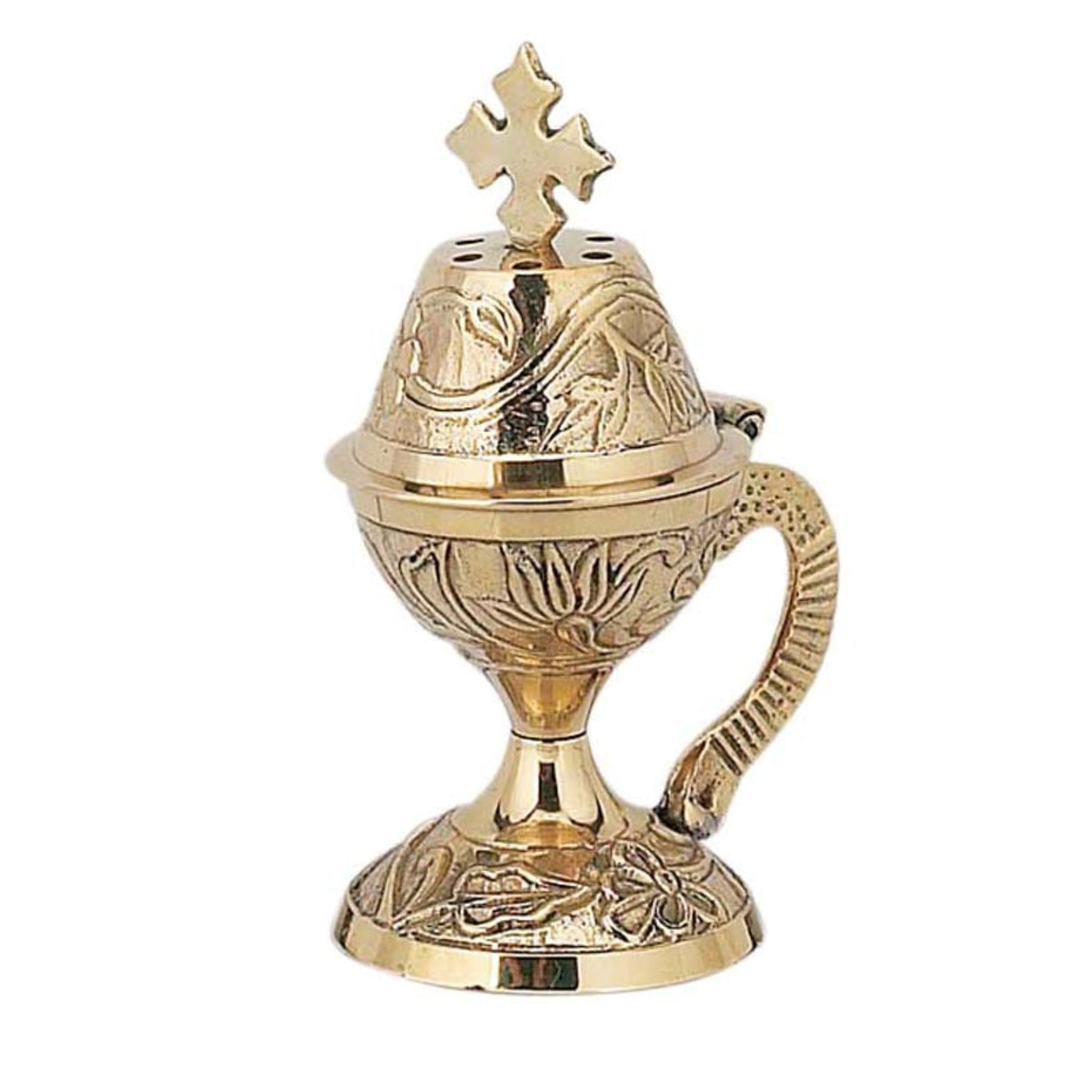 Small carved brass censer handmade orthodox burner with handle and cross lid 11cm 4.33 inches