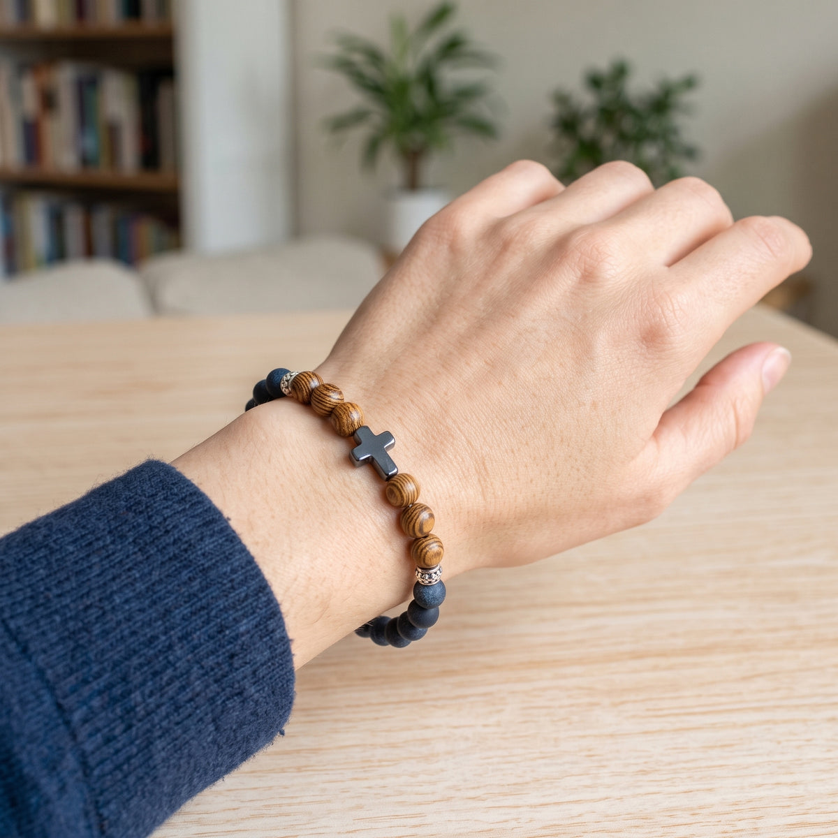 Lava Stone and Wood Bead Prayer Bracelet with Hematite Cross - Handmade Elastic Stretch Band in Orthodox Gift Box - 1 Piece