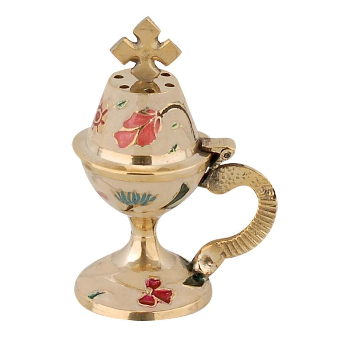 Small beige enameled brass censer handmade orthodox burner with handle and cross lid 11cm 4.33 inches