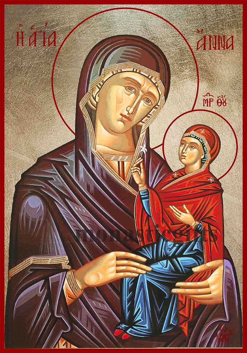 Saint Anne Byzantine Icon – Handmade Wooden Orthodox Icon on Gold Silk Canvas, Various Sizes