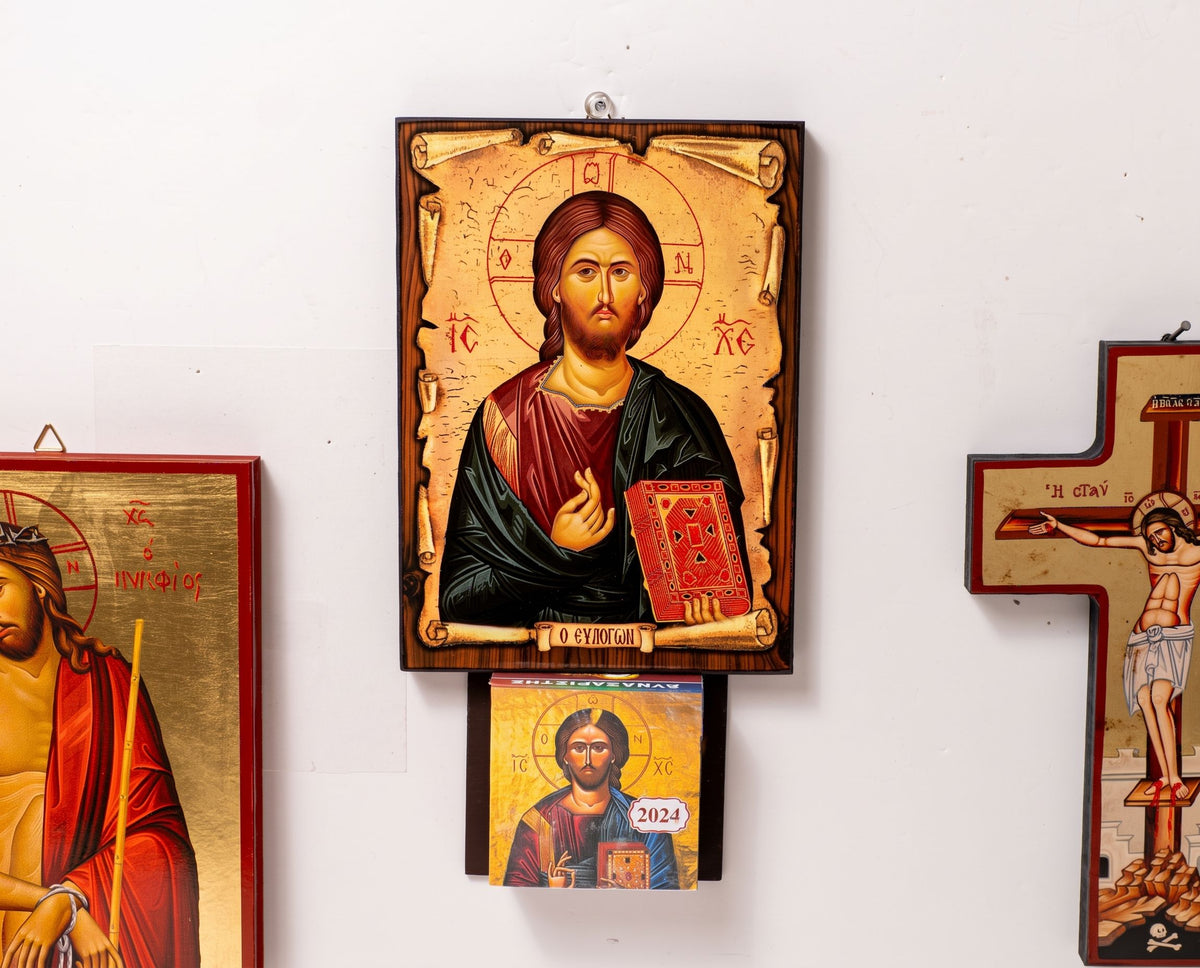 Daily Orthodox calendar synaxarion 2027 wooden wall icon Jesus Christ Pantocrator