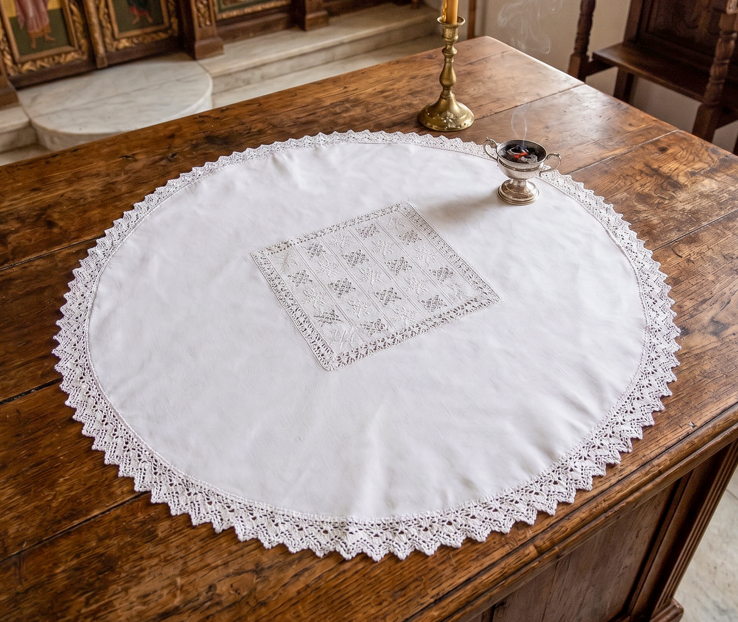 Round Burgundy Brocade CoasterRound Linen Artoklasia Basket Cover Cloth with Embroidered Crosses & Lace Trim - 90 cm (35.43 in) - 1 Pieces with Gold Embroidery & Looped Fringe - 11 cm (4.33 in) - Set of 4 (Copy)