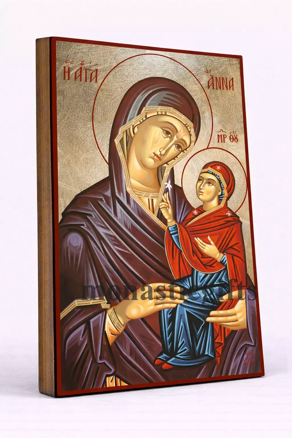 Saint Anne Byzantine Icon – Handmade Wooden Orthodox Icon on Gold Silk Canvas, Various Sizes