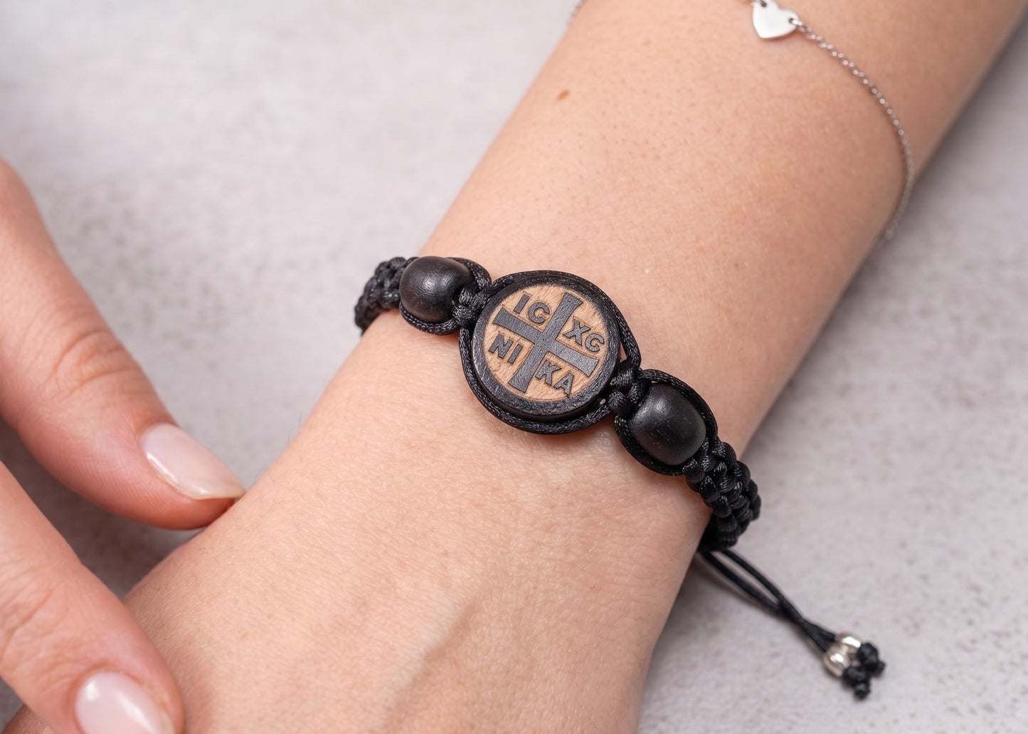 Handcrafted Orthodox Macrame Prayer Bracelet - Adjustable IC XC NIKA Round Wood Komboskini