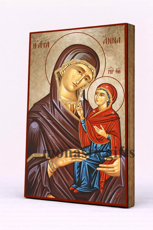 Saint Anne Byzantine Icon – Handmade Wooden Orthodox Icon on Gold Silk Canvas, Various Sizes