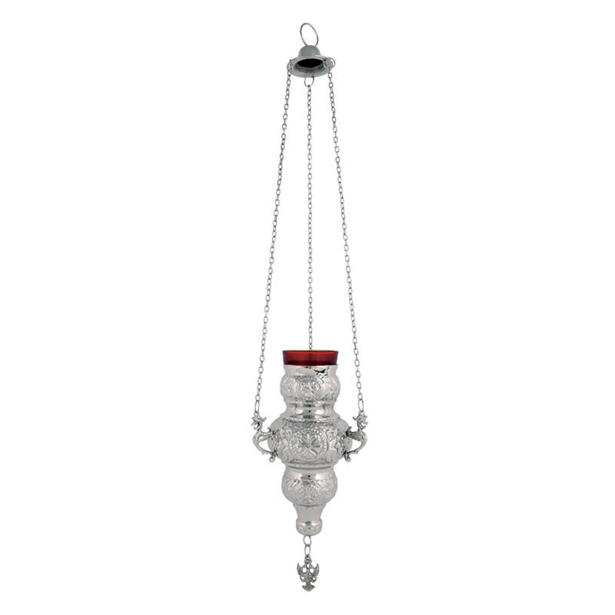 Hanging brass vigil lamp kandili Corfu style nickel plated silver tone with eagle pendant and red heat resistant glass cup