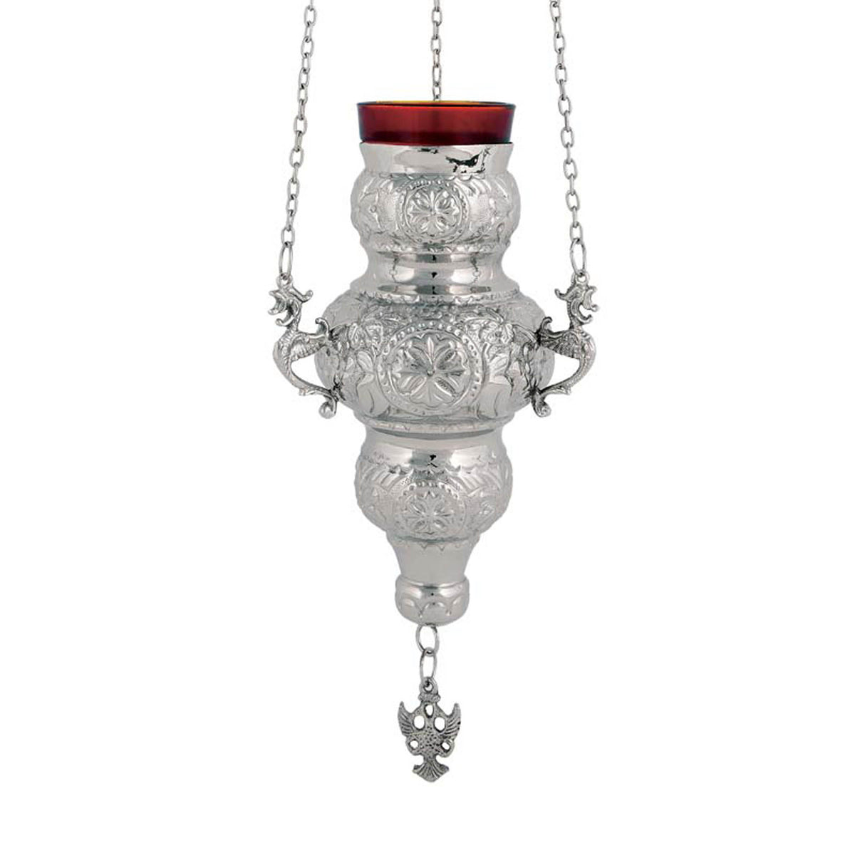 Hanging brass vigil lamp kandili Corfu style nickel plated silver tone with eagle pendant and red heat resistant glass cup