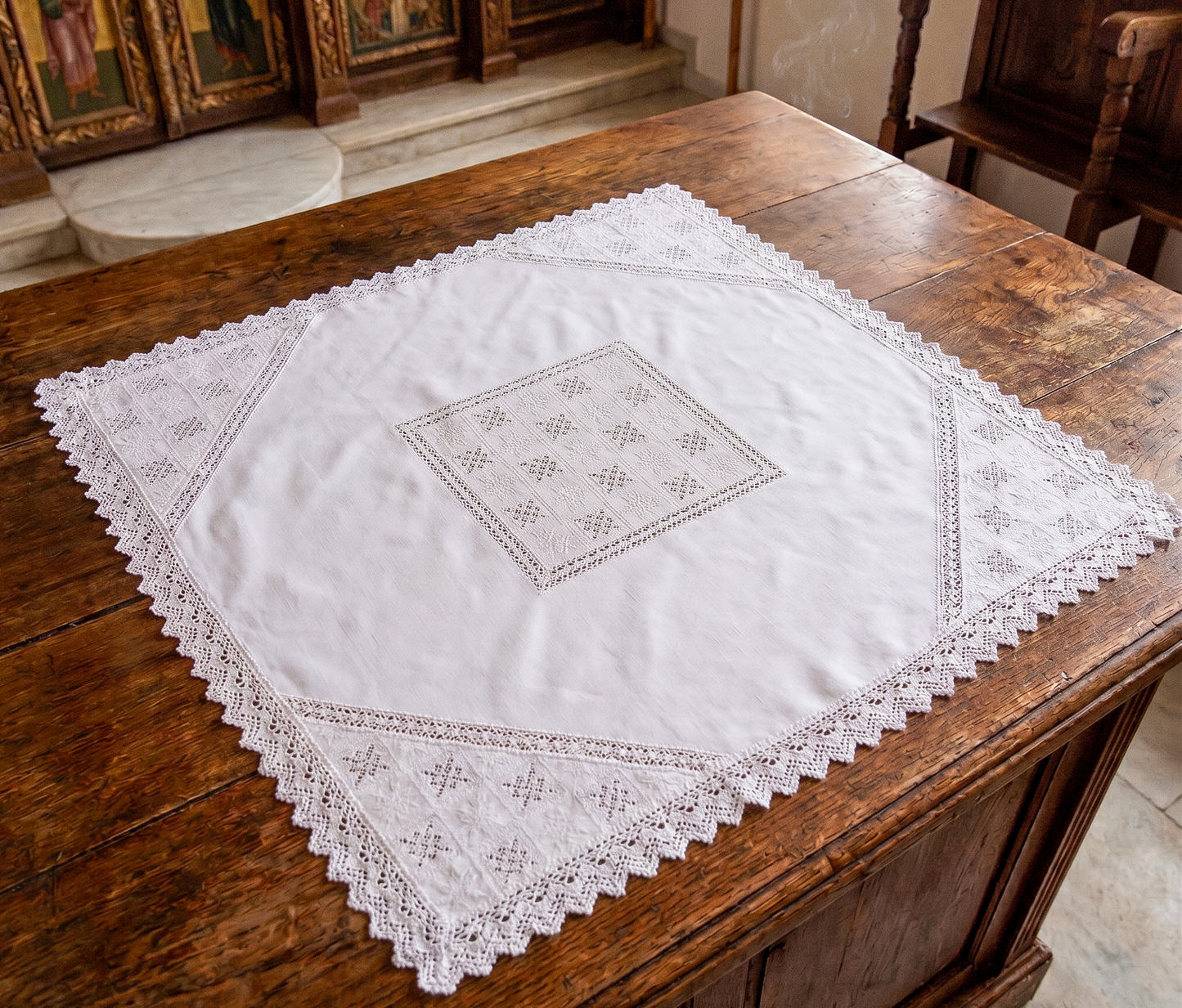Handcrafted square linen Artoklasia basket cover cloth with embroidered crosses and traditional lace trim 90x90 cm (35.43x35.43 in) made in Greece (1 piece)