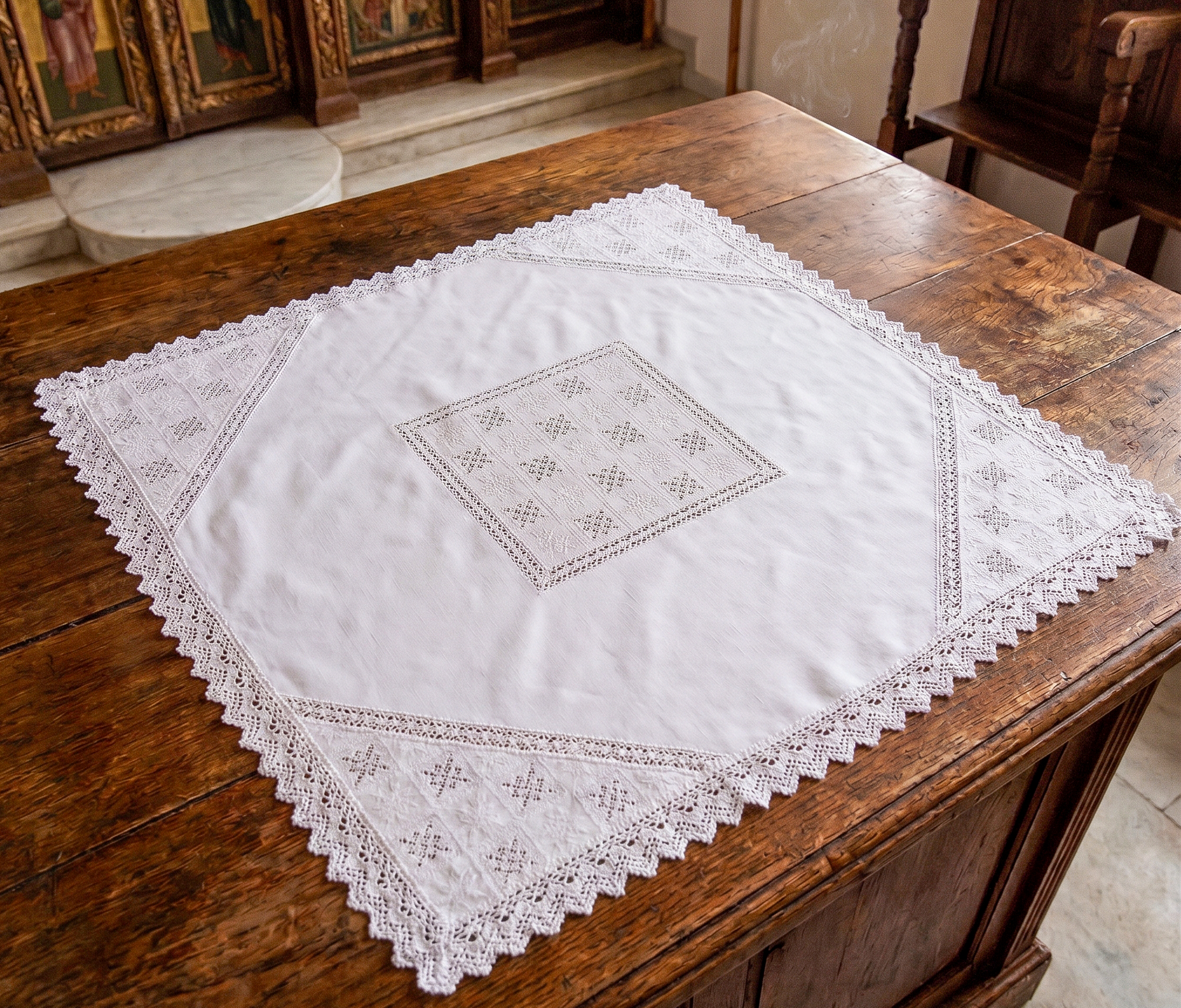 Handcrafted square linen Artoklasia basket cover cloth with embroidered crosses and traditional lace trim 90x90 cm (35.43x35.43 in) made in Greece (1 piece)