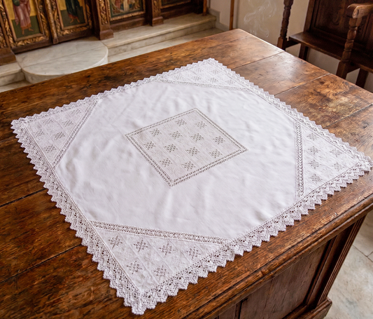 Handcrafted square linen Artoklasia basket cover cloth with embroidered crosses and traditional lace trim 90x90 cm (35.43x35.43 in) made in Greece (1 piece)