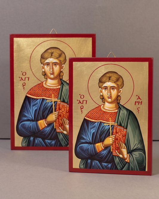 Handcrafted Orthodox gold leaf canvas icon of Saint Aris on solid wooden panel