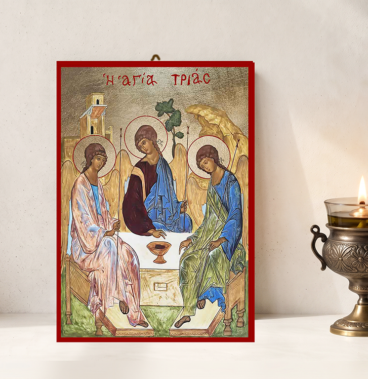 Handcrafted Orthodox gold leaf canvas icon of the Holy Trinity Hospitality of Abraham on solid wooden panel