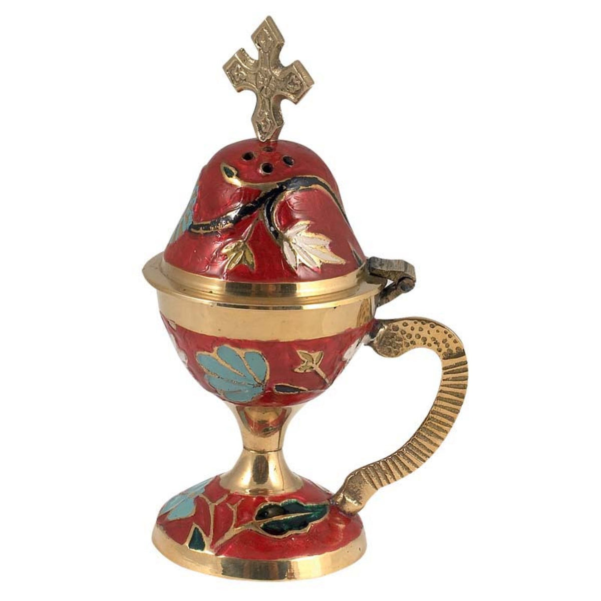 Red enameled brass censer handmade orthodox burner with handle and cross lid 13cm 5.12 inches