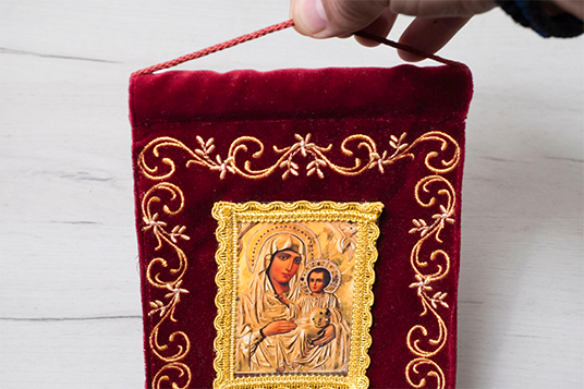 Handcrafted burgundy velvet wall hanging banner with Virgin Mary icon and gold embroidered prayer inscription 25x15 cm (9.84x5.91 in) made in Greece (1 piece)