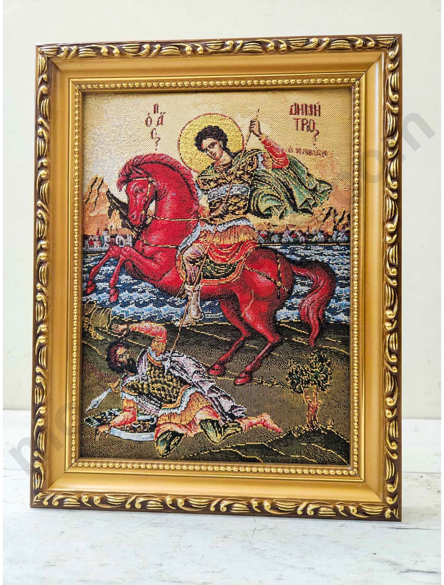 Handmade Christian Embroidered icon of Saint Demetrios in a frame,Religious art.