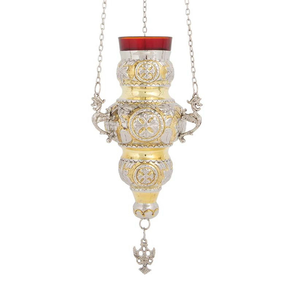 Hanging brass vigil lamp kandili Corfu style two tone brass and nickel with eagle pendant and red heat resistant glass cup