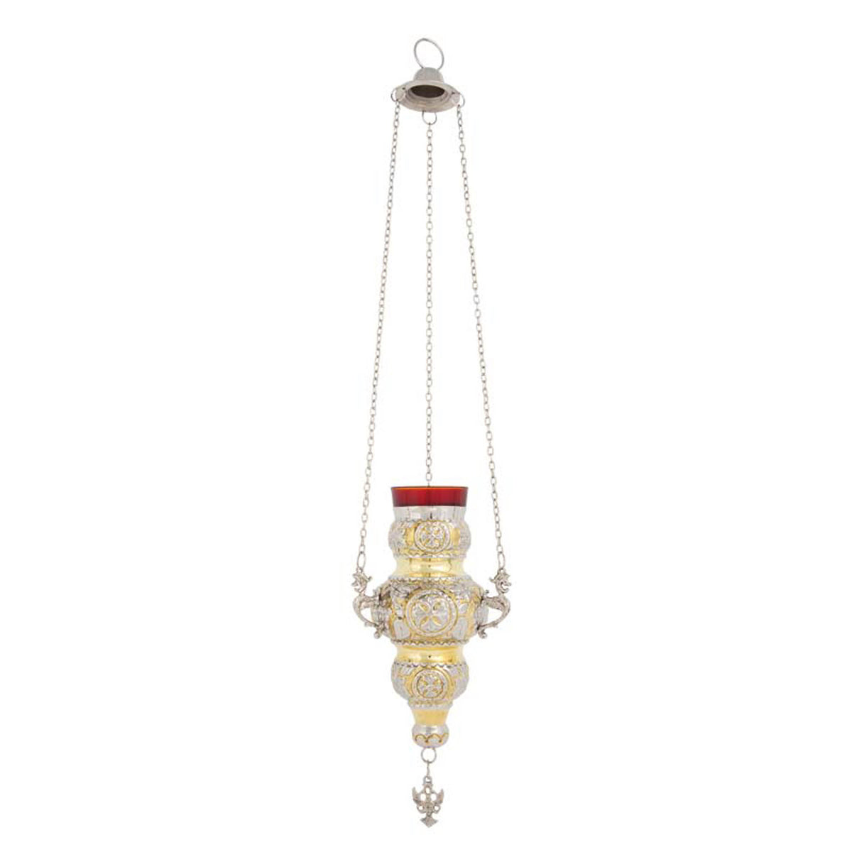 Hanging brass vigil lamp kandili Corfu style two tone brass and nickel with eagle pendant and red heat resistant glass cup