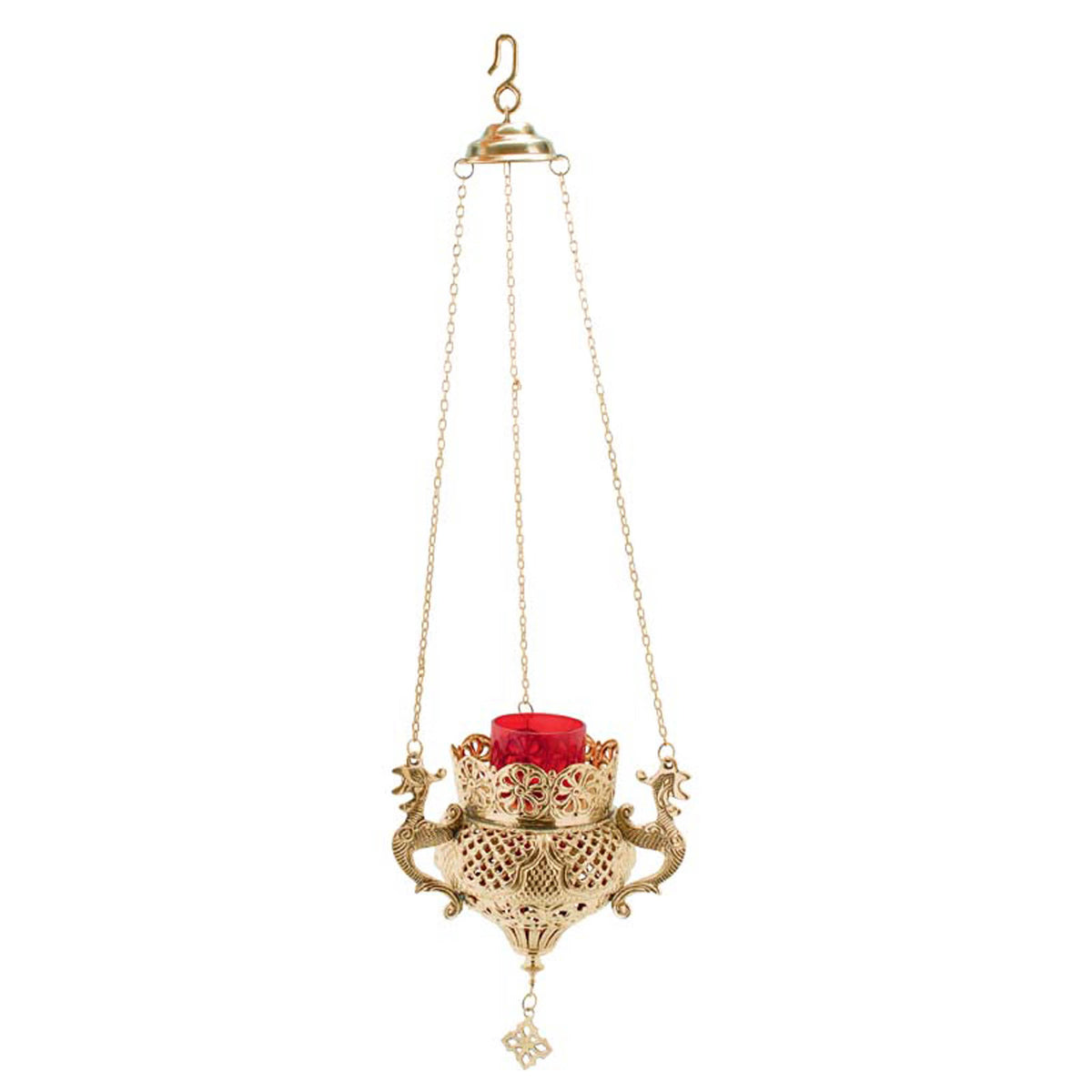 Heavy solid brass hanging vigil lamp kandili Orthodox openwork lattice with dragon handles cross pendant and red heat resistant glass cup