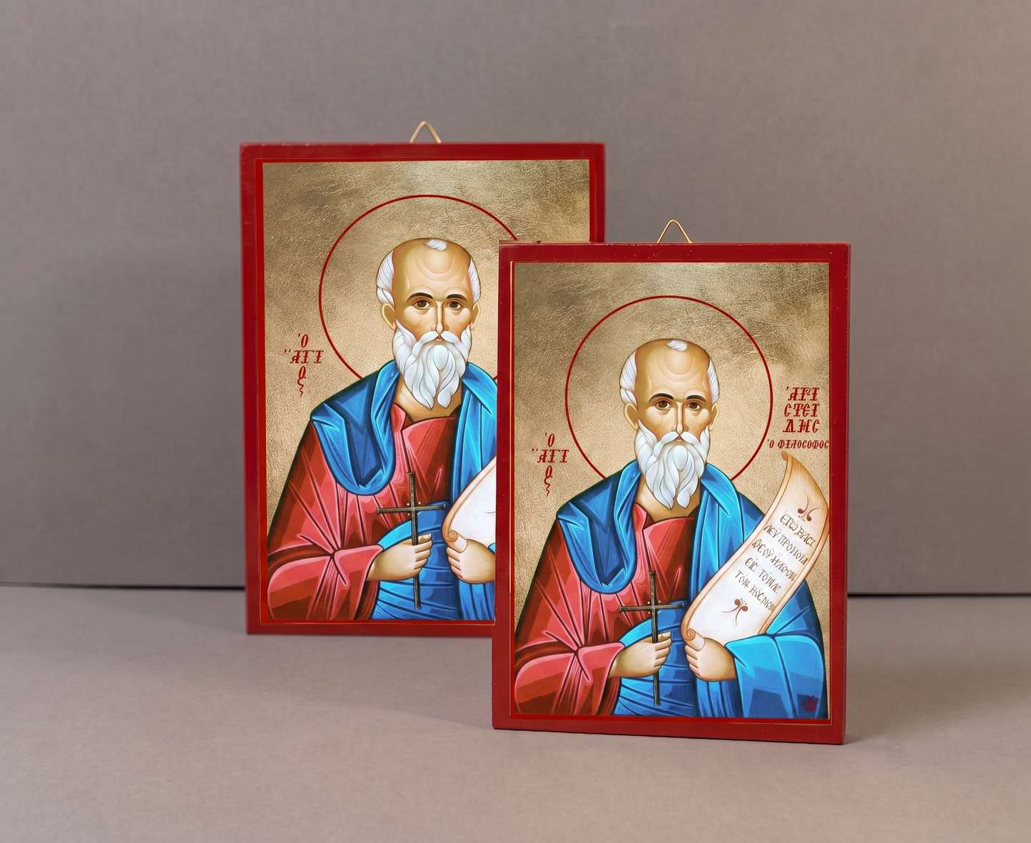 Handcrafted Orthodox gold leaf canvas icon of Saint Aristides on solid wooden panel