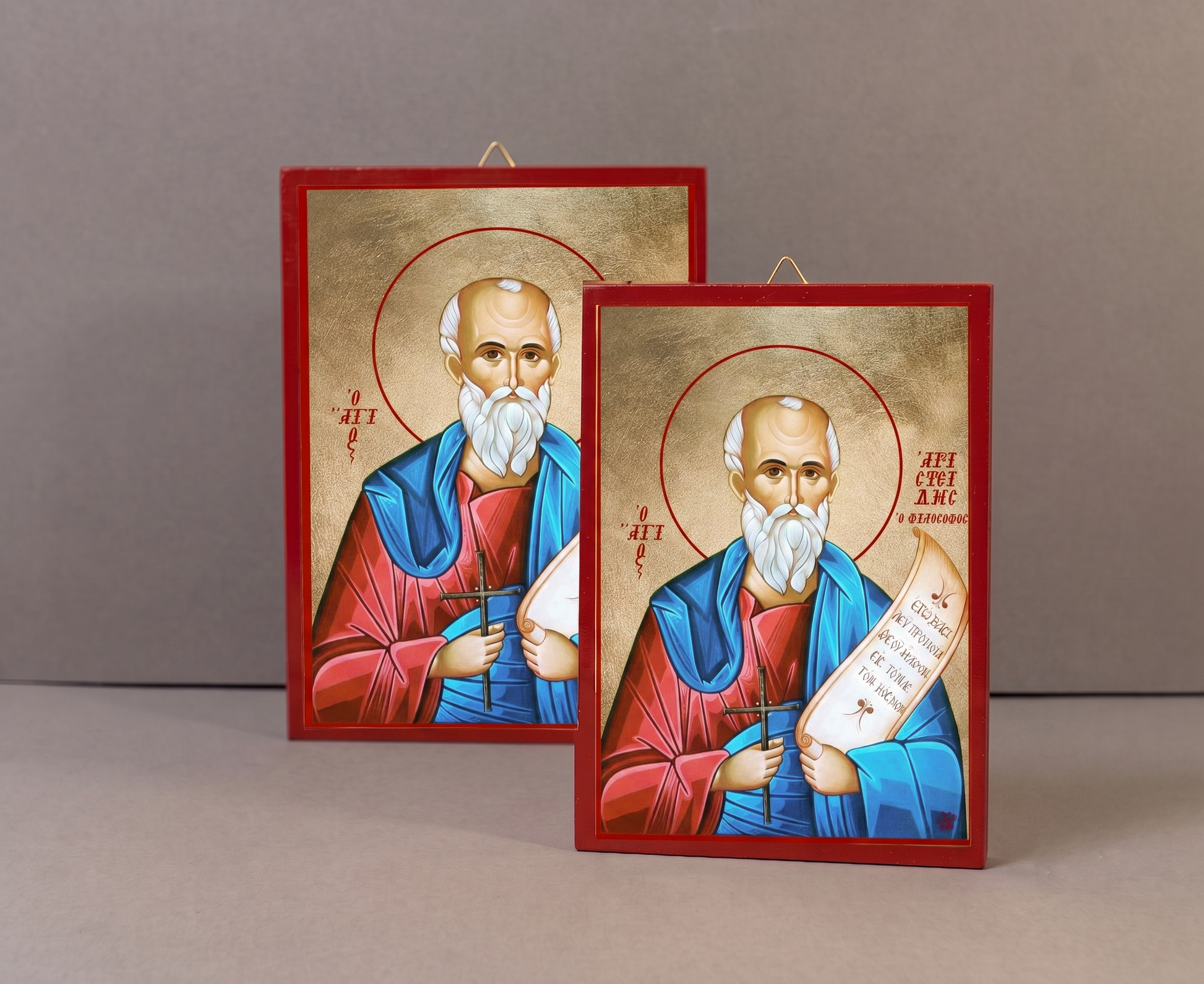 Handcrafted Orthodox gold leaf canvas icon of Saint Aristides on solid wooden panel