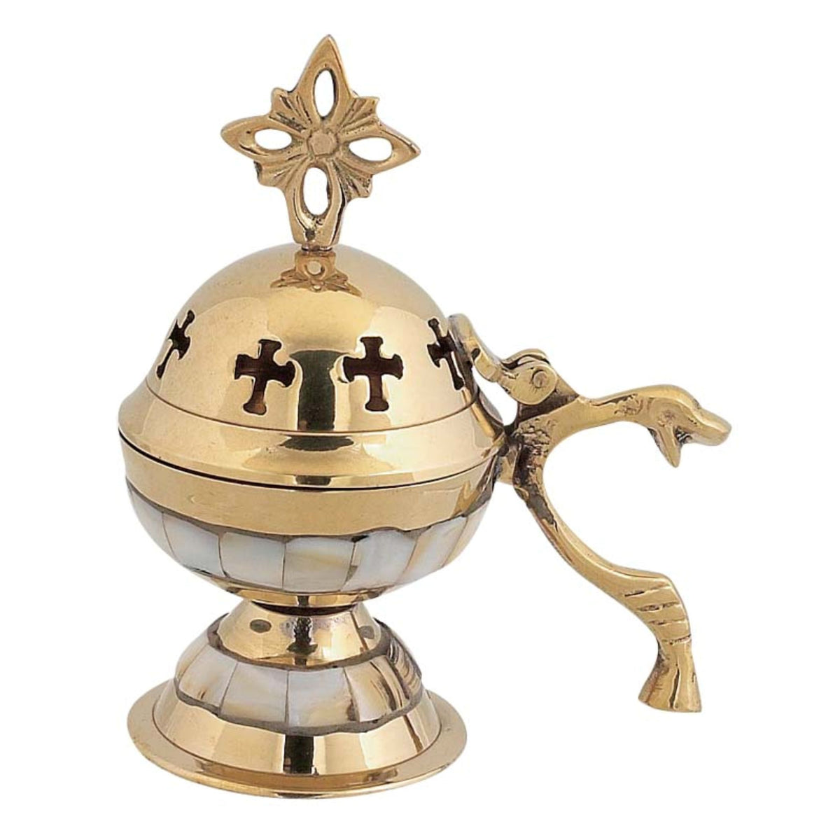 Mother of pearl brass censer handmade orthodox burner with handle and cross lid 12cm 4.72 inches