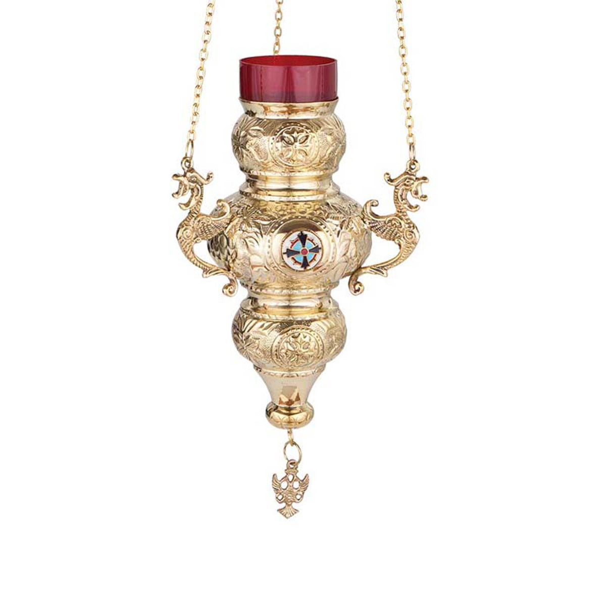 Hanging brass vigil lamp kandili Corfu style with enamel cross eagle pendant and red heat resistant glass cup