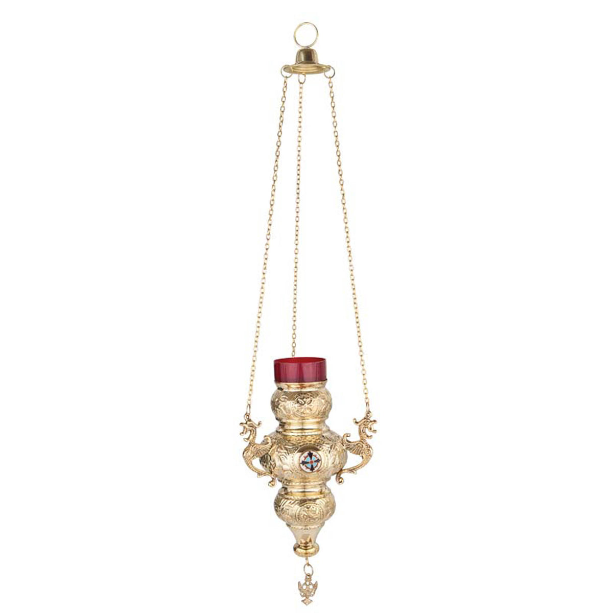 Hanging brass vigil lamp kandili Corfu style with enamel cross eagle pendant and red heat resistant glass cup