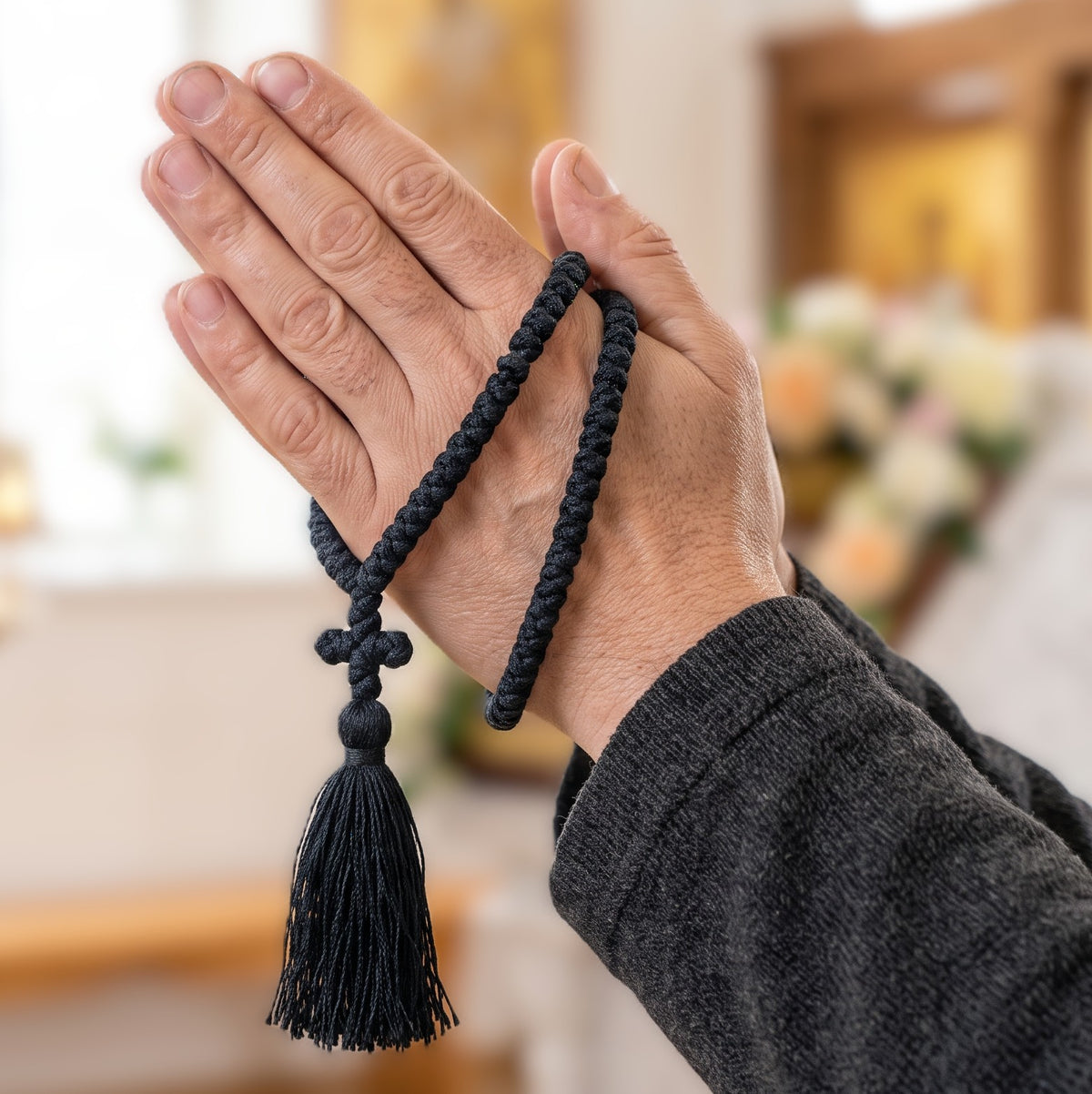 Prayer Rope 100 Knots Komboskini - Black Authentic Pure Wool Traditional Orthodox Chotki