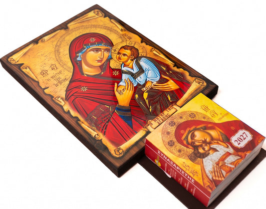 Daily Orthodox calendar synaxarion 2027 wooden wall icon Virgin Mary Mother of Love 14x26cm 5.5x10.2 inch