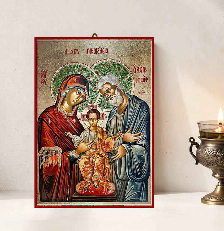 Handcrafted Orthodox gold leaf canvas icon of the Holy Family Jesus Mary and Joseph on solid wooden panel