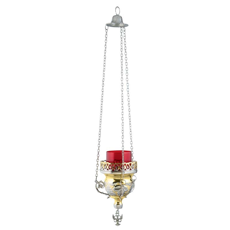 Hanging brass vigil lamp kandili two tone brass nickel grapevine relief cross rim eagle and red heat resistant glass cup