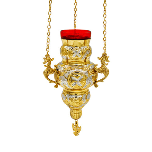 Hanging brass vigil lamp kandili Corfu style two tone gold and silver plated with eagle pendant and red heat resistant glass cup