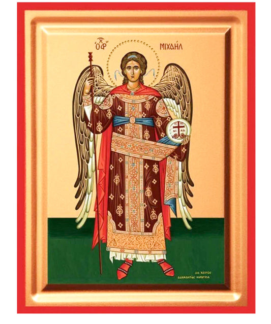 Front view of the Archangel Michael silk screen Byzantine icon on gessoed canvas with a rich gold background and red borders