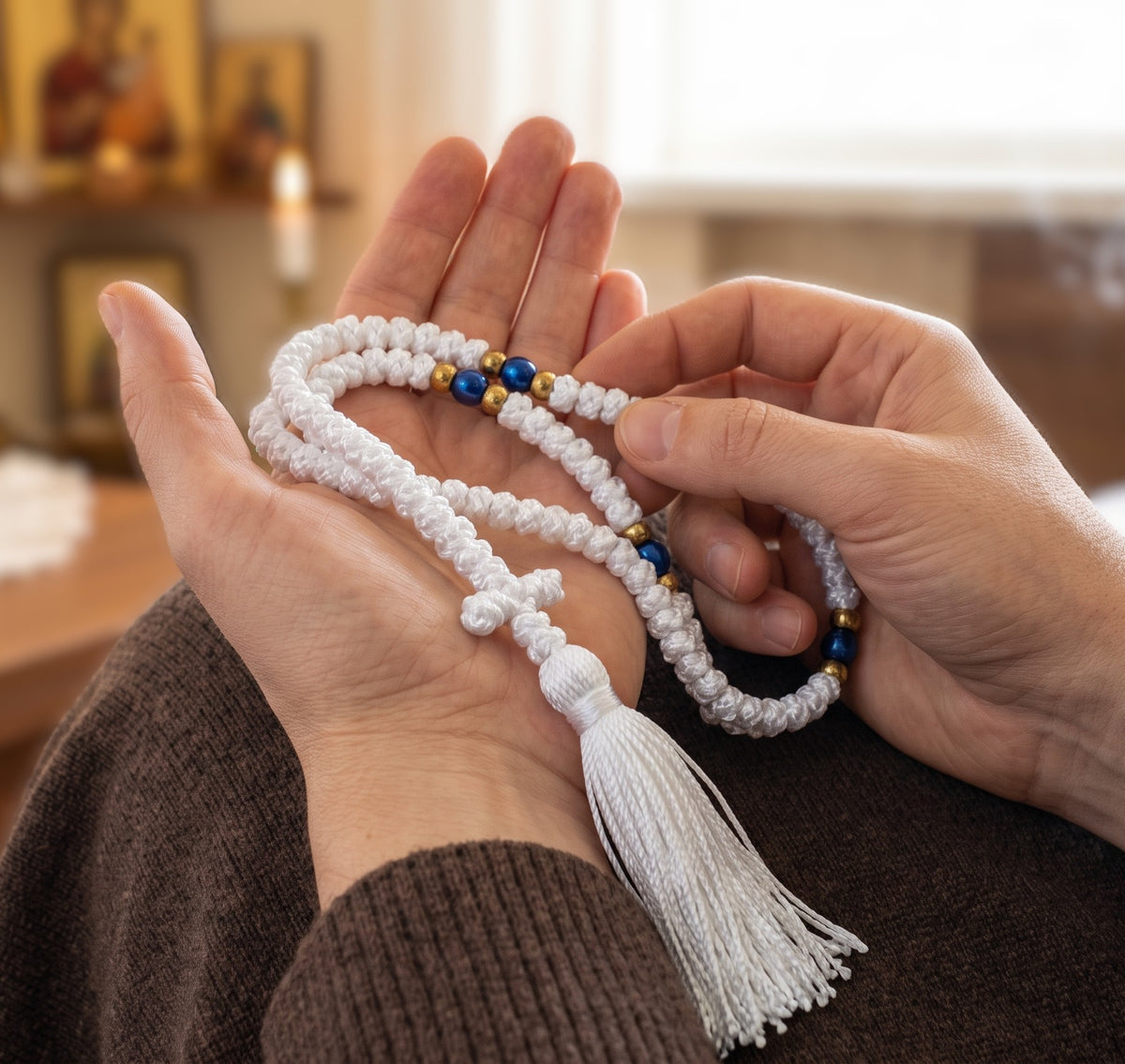 Prayer Rope 100 Knots Komboskini - White Handmade Orthodox Cord with Blue Beads & Cross