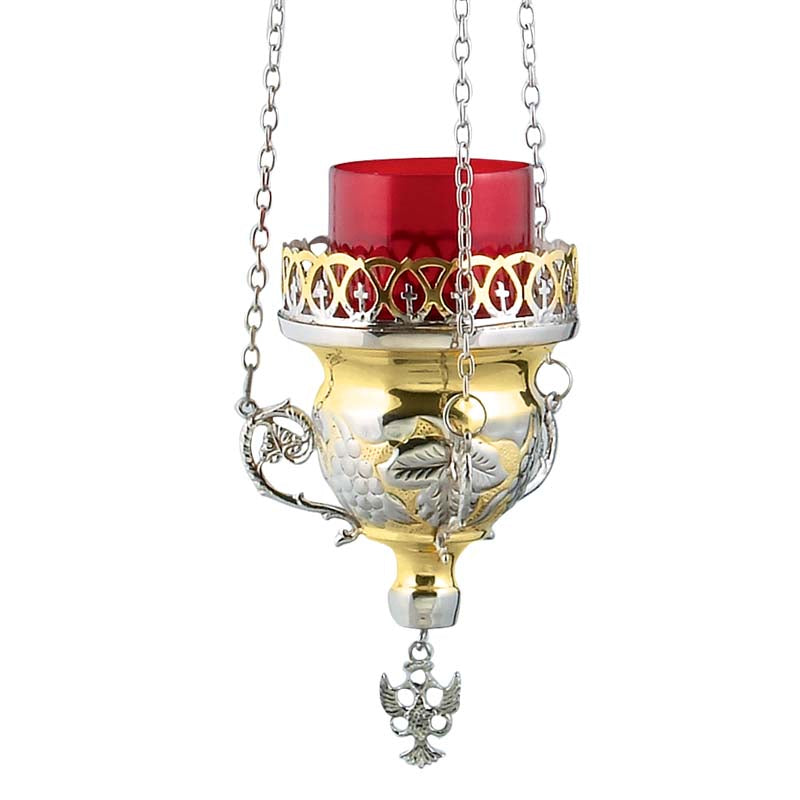 Hanging brass vigil lamp kandili two tone brass nickel grapevine relief cross rim eagle and red heat resistant glass cup