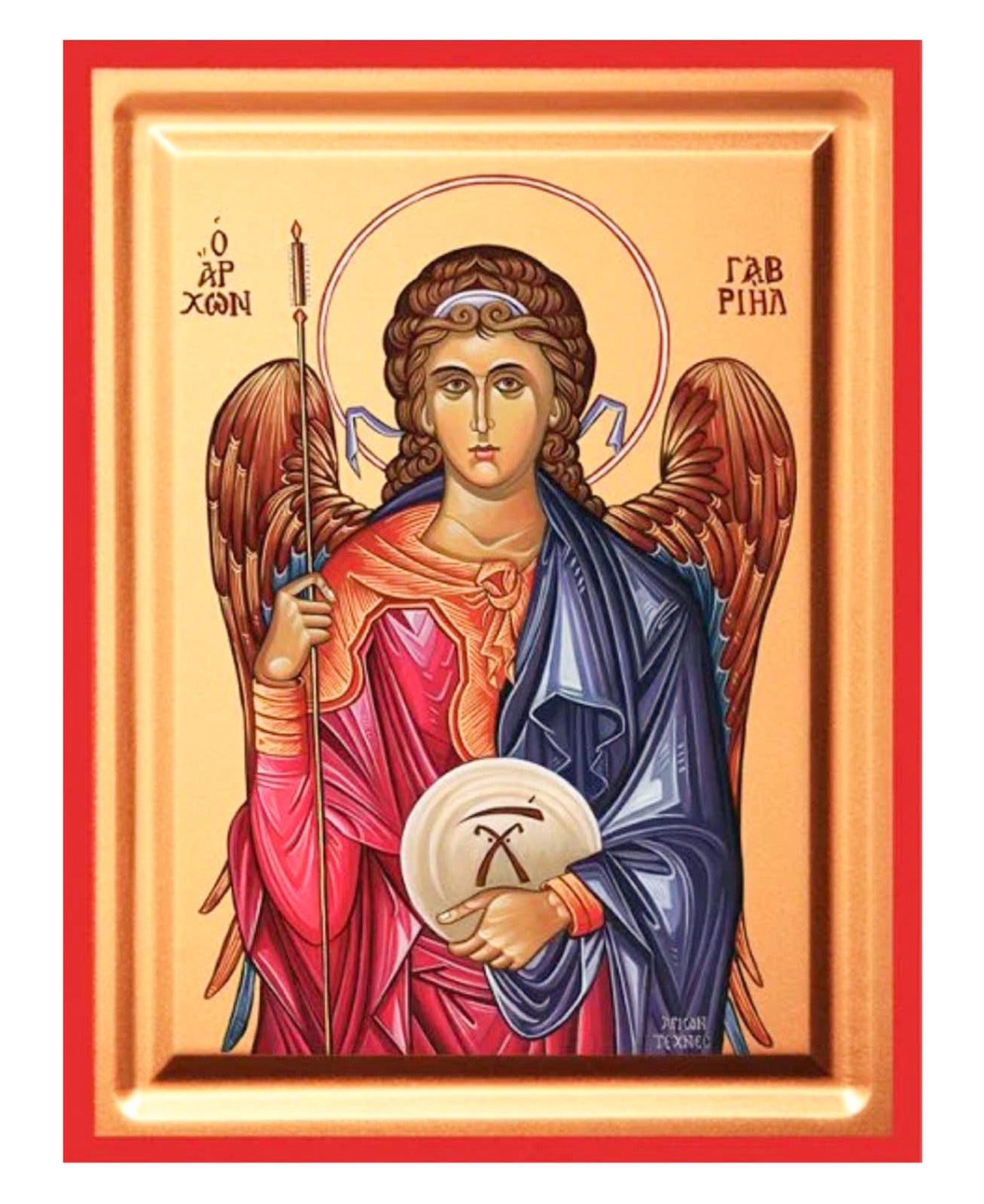 Front view of the Archangel Gabriel silk screen Byzantine icon on gessoed canvas with a rich gold background and red borders
