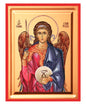 Front view of the Archangel Gabriel silk screen Byzantine icon on gessoed canvas with a rich gold background and red borders