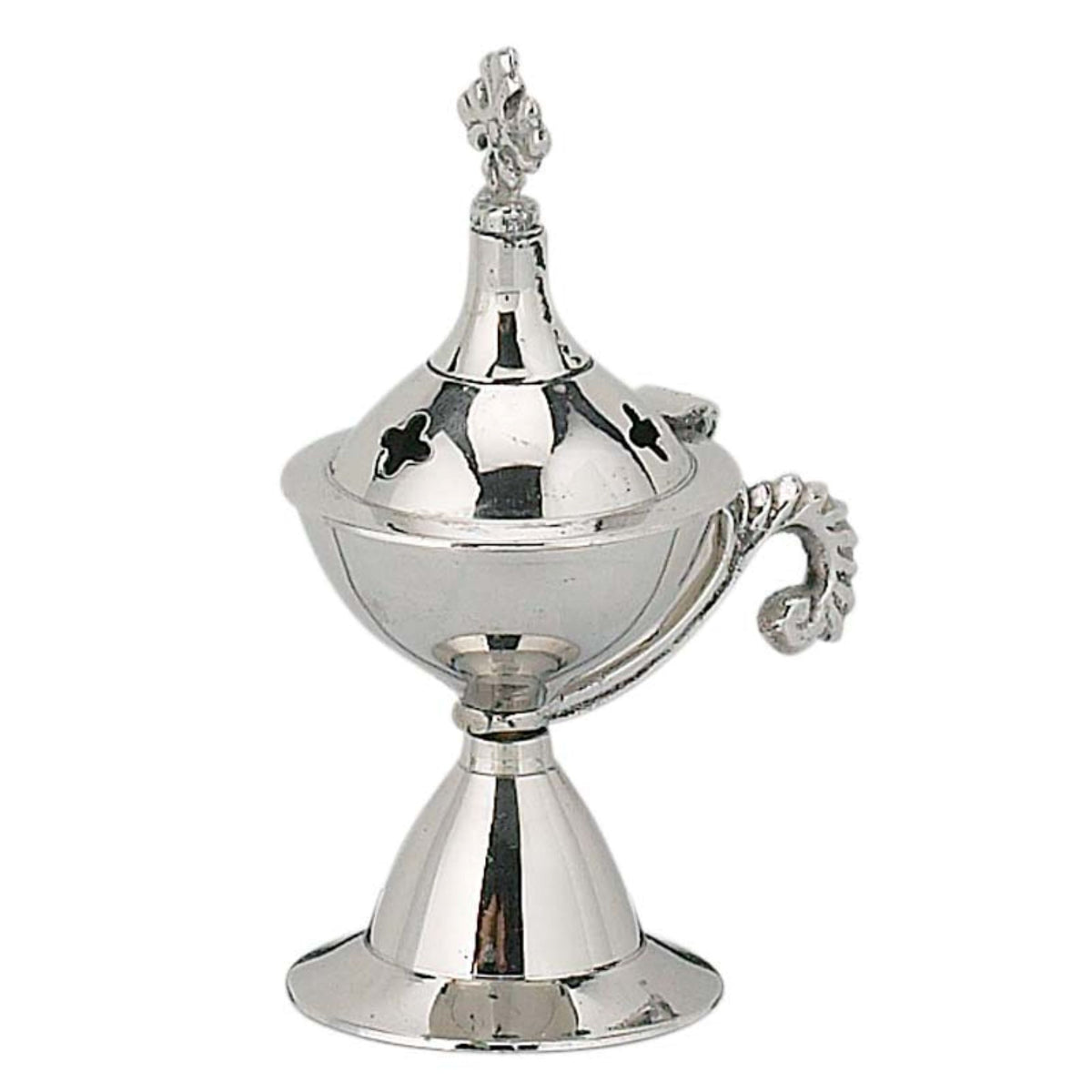 Small nickel plated brass censer handmade orthodox burner with handle and cross lid 11cm 4.33 inches