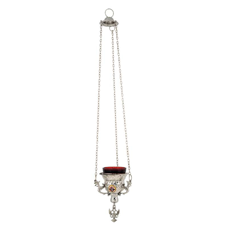 Hanging brass vigil lamp kandili nickel plated silver tone with enamel cross pendant eagle and red heat resistant glass cup