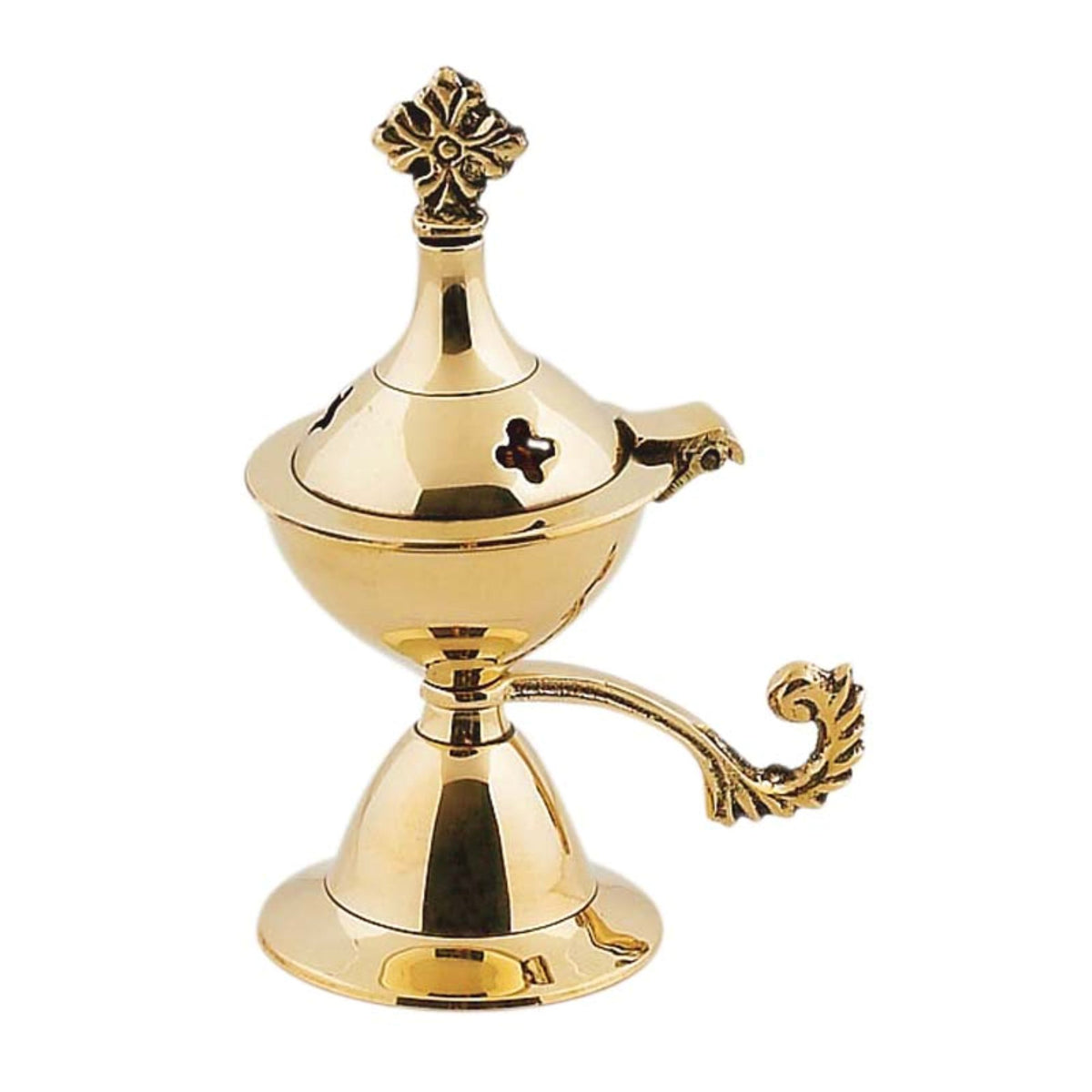 Small polished brass censer handmade orthodox burner with handle and cross lid 11cm 4.33 inches