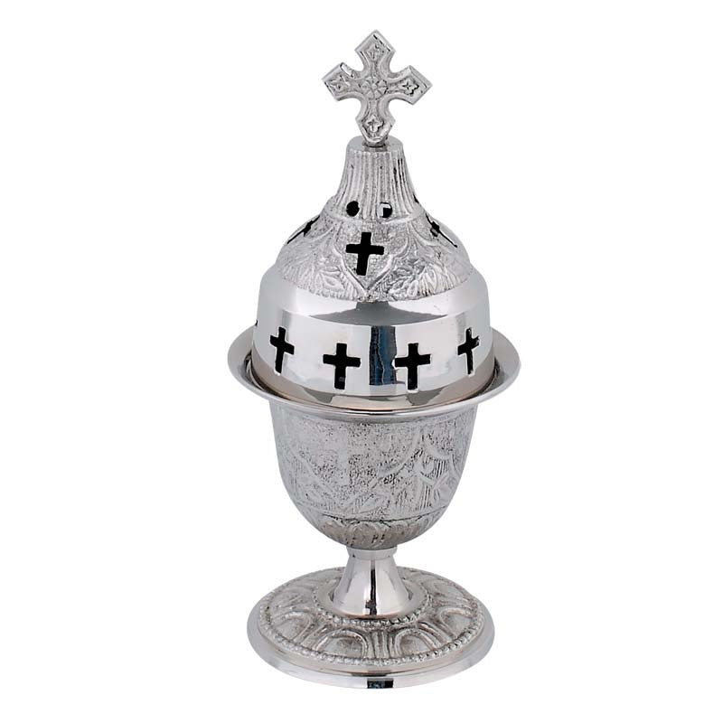 Silver plated standing vigil lamp chalice design embossed patterns with cross lid and red heat resistant glass cup
