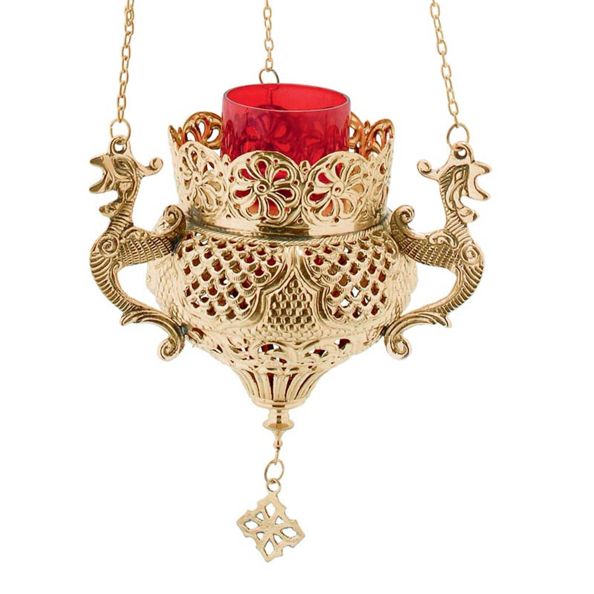 Heavy solid brass hanging vigil lamp kandili Orthodox openwork lattice with dragon handles cross pendant and red heat resistant glass cup