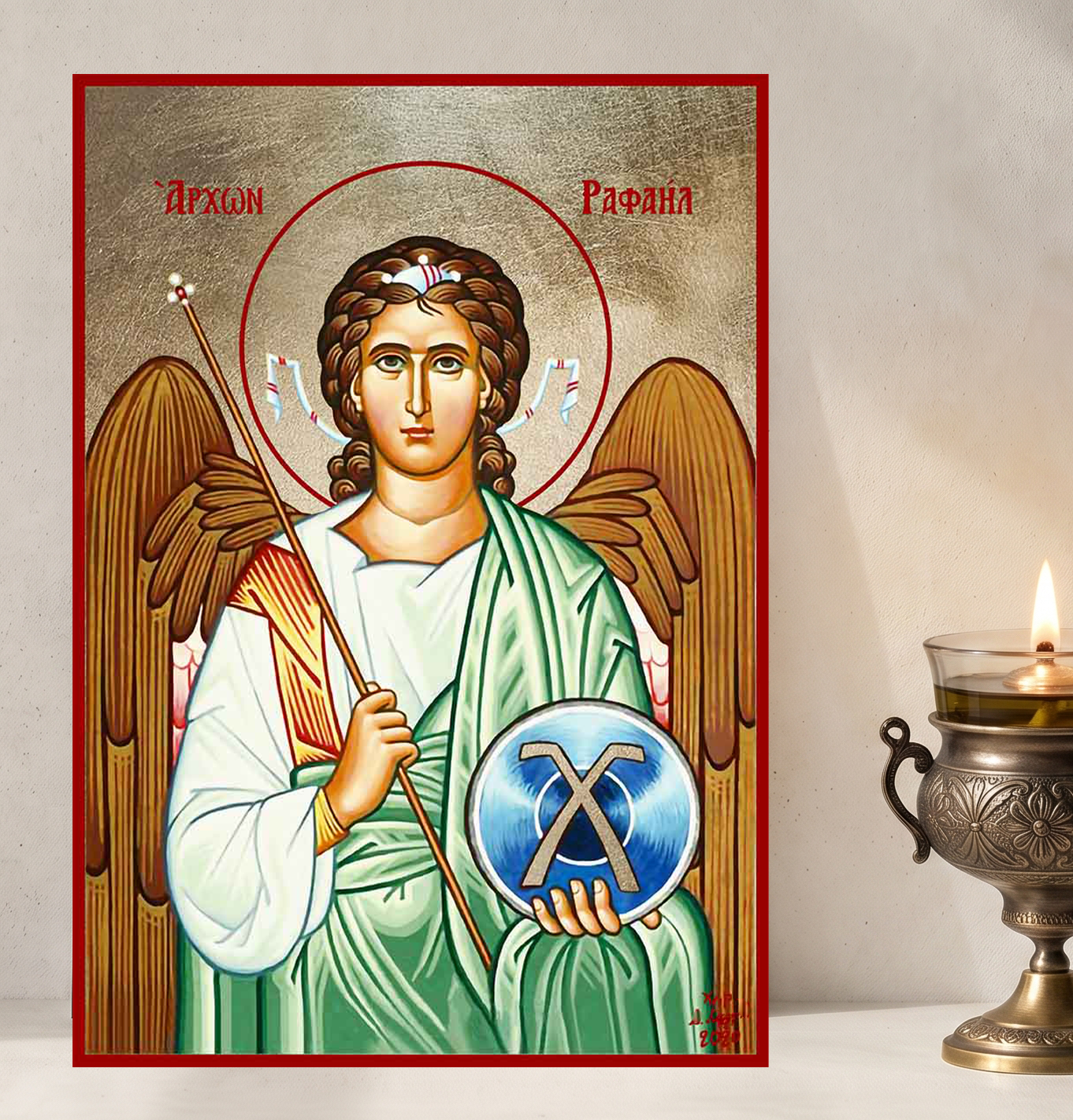 Archangel Raphael Orthodox Icon - Patron of Healing, Travelers, Physicians & Happy Meetings - Handcrafted Gold Leaf Canvas Byzantine Wooden Panel Icon with Certificate