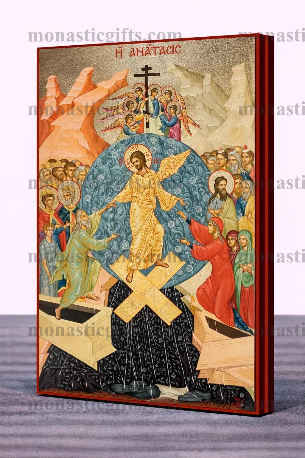 The Resurrection of Christ (Anastasis) Byzantine Icon – Handmade Wooden Orthodox Icon on Gold Silk Canvas, Various Sizes