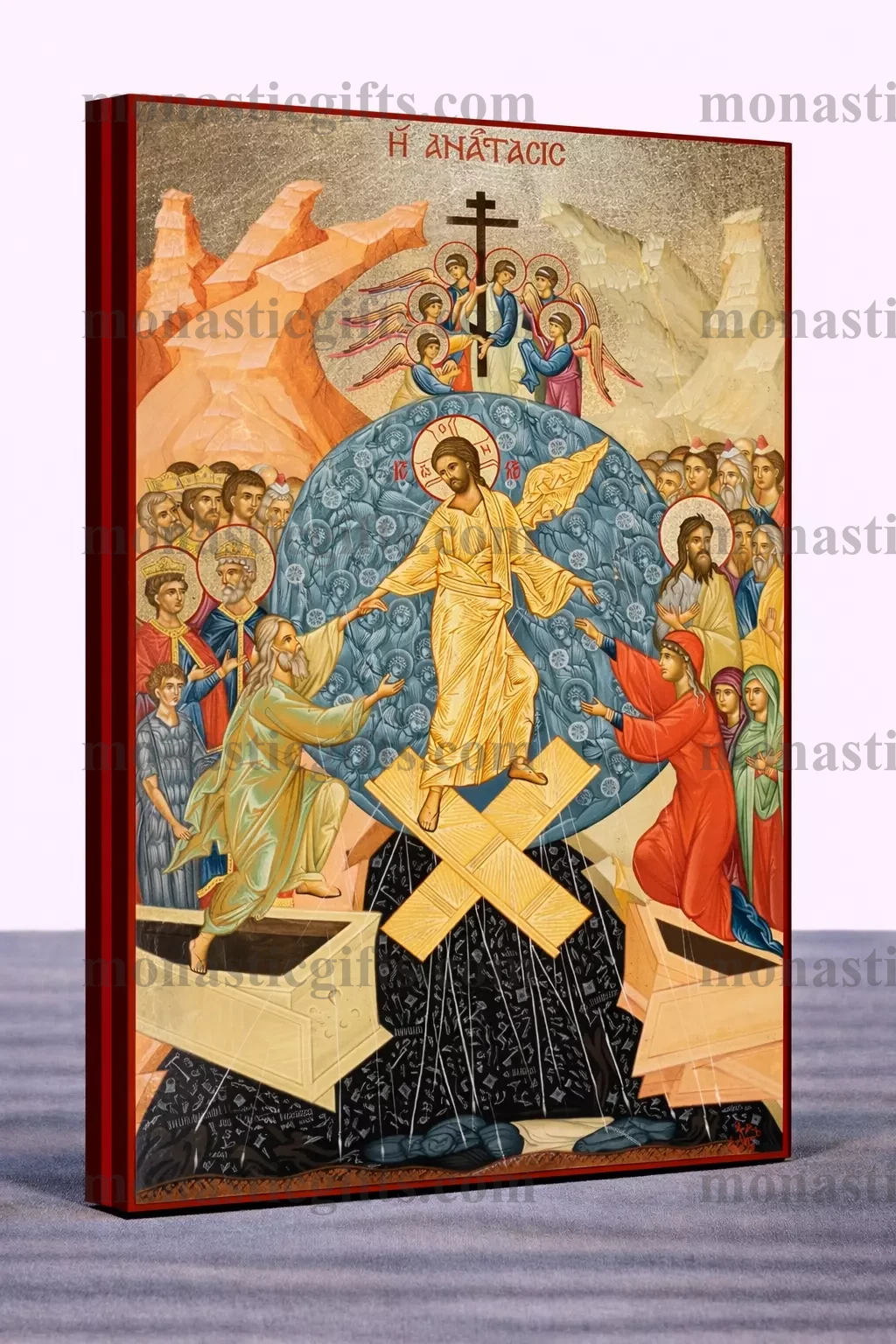 The Resurrection of Christ (Anastasis) Byzantine Icon – Handmade Wooden Orthodox Icon on Gold Silk Canvas, Various Sizes