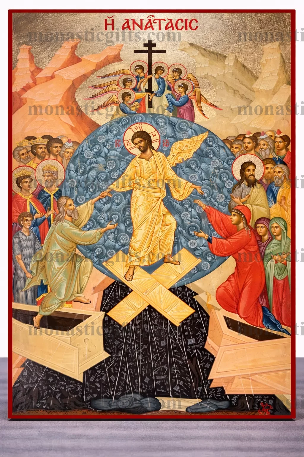 The Resurrection of Christ (Anastasis) Byzantine Icon – Handmade Wooden Orthodox Icon on Gold Silk Canvas, Various Sizes