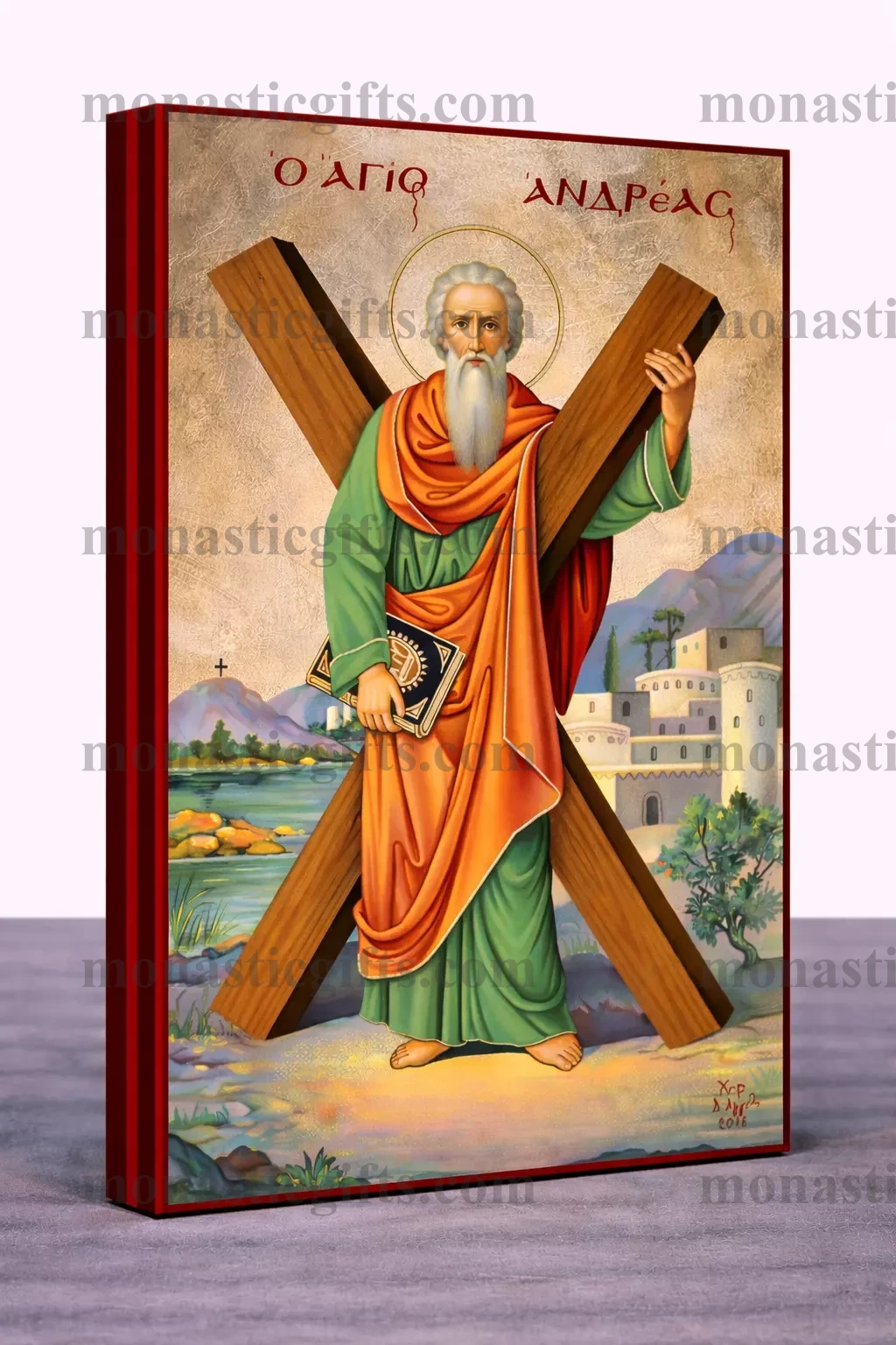 Saint Andrew the Apostle Byzantine Icon – Handmade Wooden Orthodox Icon on Gold Silk Canvas, Various Sizes